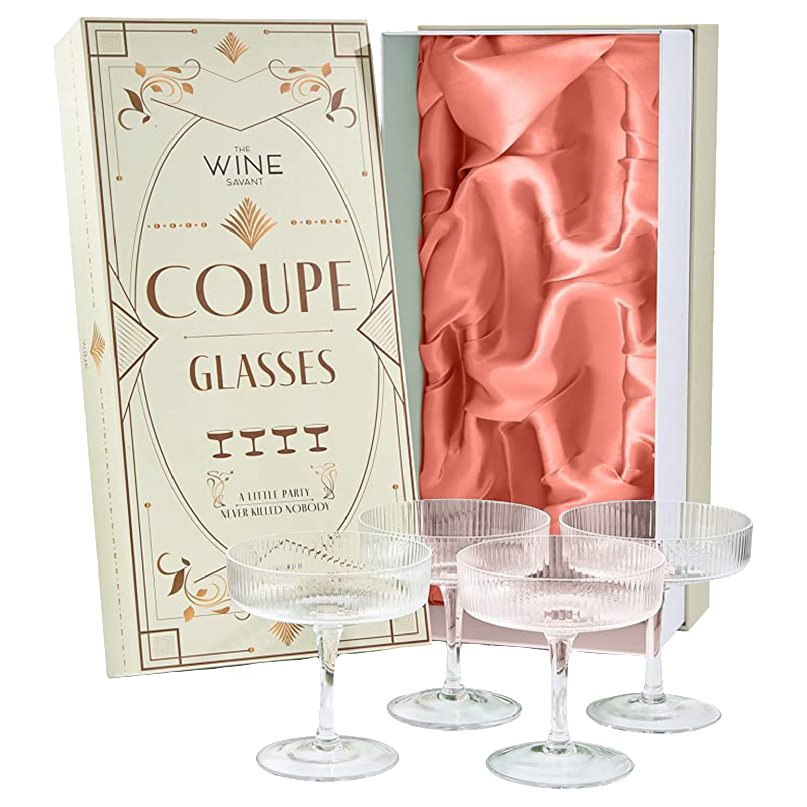 Ribbed Coupe Cocktail Glasses 8 oz | Set of 4 | Classic Manhattan Glasses For Cocktails, Champagne Coupe, Ripple Coupe Glasses, Art Deco Gatsby Vintage, Crystal with Stems (Clear) by The Wine Savant