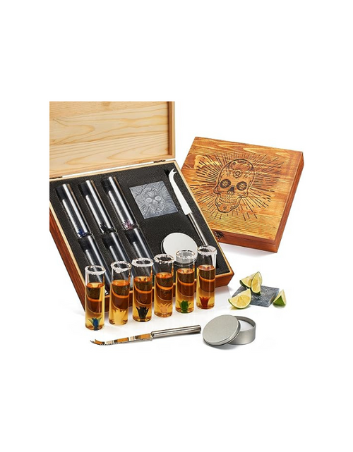 Load image into Gallery viewer, Tequila Shot Glass &amp; Salt Gift Set for Men &amp; Women | Six Agave Shot Glasses, Knife For Limes, One Skull Coaster, One Salt Tin | Skeleton Mahogany Wood Box Package For Tequila, Liquor Lovers by The Wine Savant
