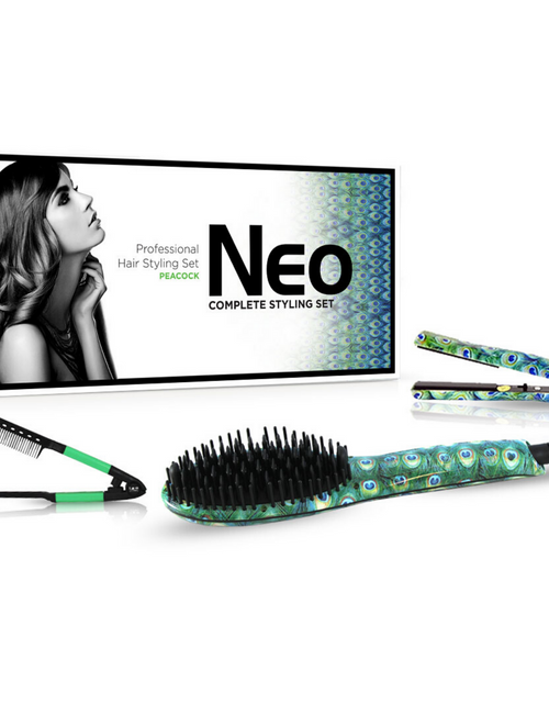 Load image into Gallery viewer, The Heated Brush Set - Heated Straightening Brush w/ 0.5" Mini Flat Iron &amp; EZ Comb - Peacock

