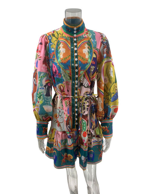 Load image into Gallery viewer, Autumn Winter Long Sleeve Printed Lace up Pleated Dress by BlakWardrob
