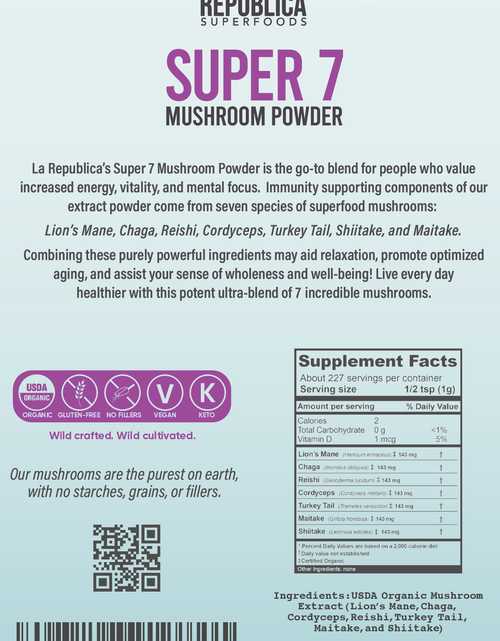 Load image into Gallery viewer, Super 7 Mushroom Extract Powder (8 oz) by La Republica Superfoods
