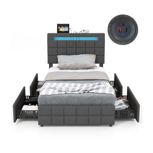 Load image into Gallery viewer, Upholstered LED Bed Frame with Headboard and 4 Drawers-Twin Size
