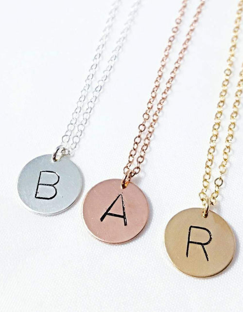 Load image into Gallery viewer, Uppercase Initial Circle Disc Necklace by Salt and Sparkle
