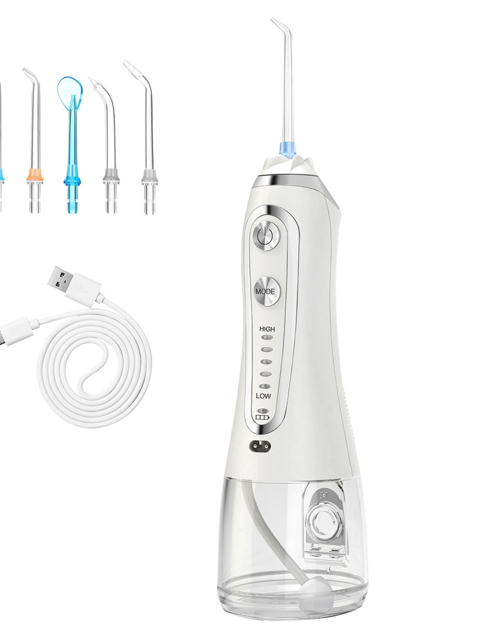 Cordless Rechargeable Water Dental Flosser - 5 Modes, 5 Nozzles, IPX7, 10.14oz Tank - White