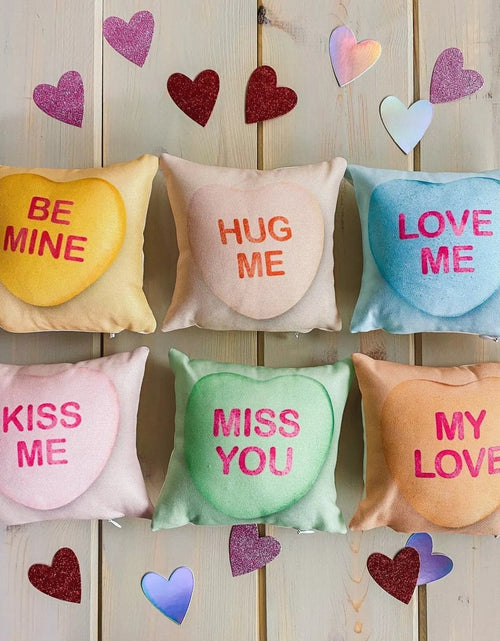 Load image into Gallery viewer, Valentines Candy Mini Pillow Set | 8x8 Pillow Covers | Valentine card motifs | Throw Pillow | Love is Love | I Love You | I Love You Gifts by UniikPillows
