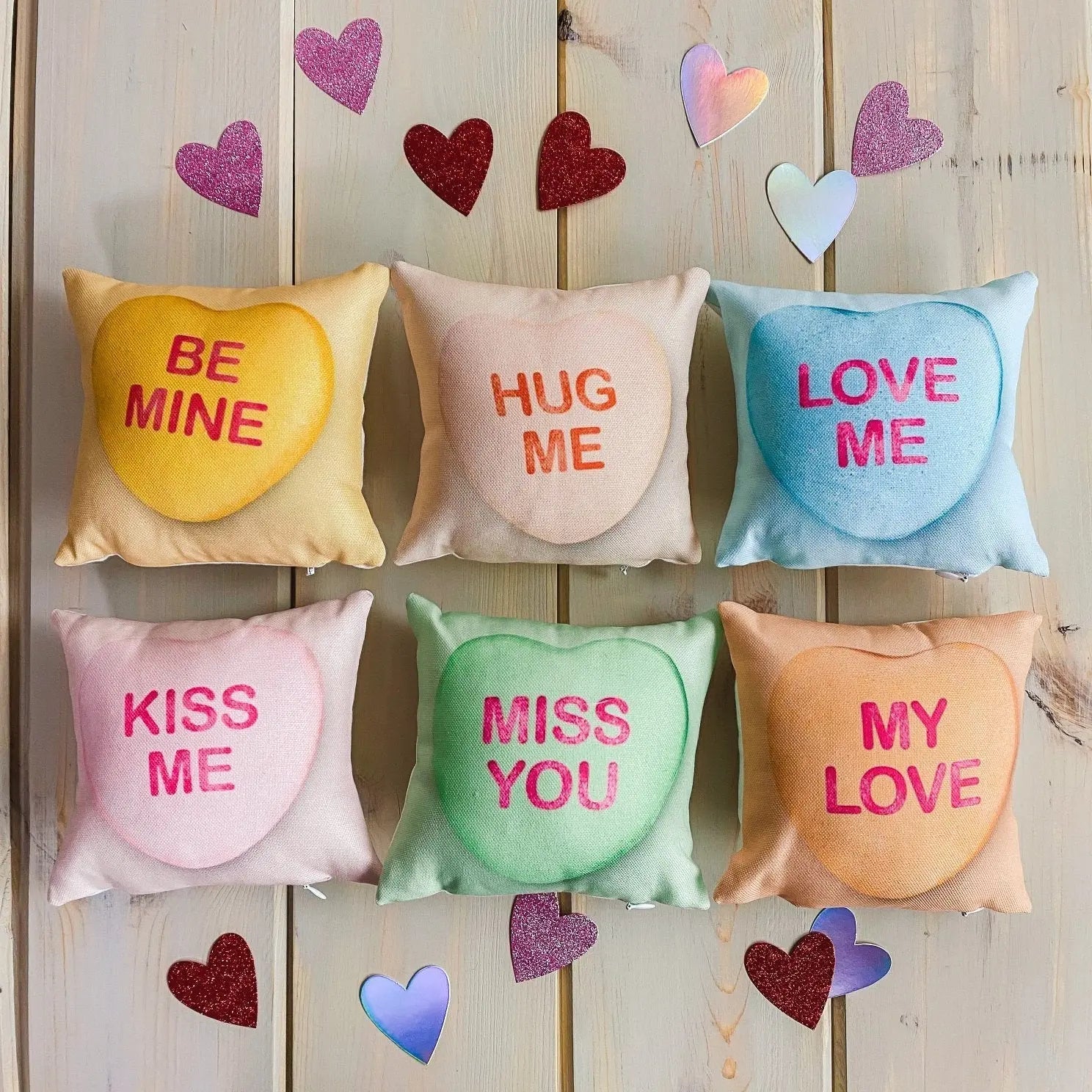 Valentines Candy Mini Pillow Set | 8x8 Pillow Covers | Valentine card motifs | Throw Pillow | Love is Love | I Love You | I Love You Gifts by UniikPillows