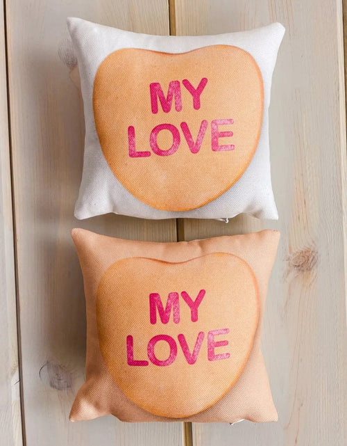 Load image into Gallery viewer, Valentines Candy Mini Pillow Set | 8x8 Pillow Covers | Valentine card motifs | Throw Pillow | Love is Love | I Love You | I Love You Gifts by UniikPillows
