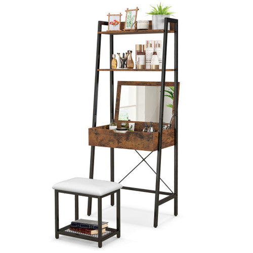 Load image into Gallery viewer, Ladder Vanity Desk Set with Flip Top Mirror and Cushioned Stool-Black
