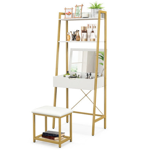 Load image into Gallery viewer, Ladder Vanity Desk Set with Flip Top Mirror and Cushioned Stool-Golden
