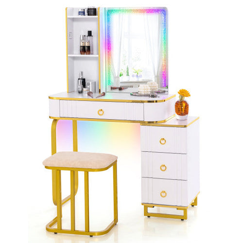 Load image into Gallery viewer, Vanity Table Set with RGB LED Lights and Wireless Charging Station-White
