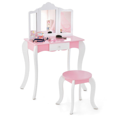 Load image into Gallery viewer, Kid's Wooden Vanity Table and Stool Set  with 3-Panel Acrylic Mirror-White
