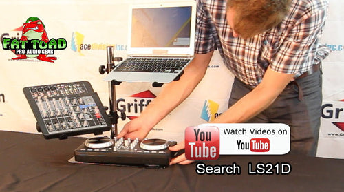 Load image into Gallery viewer, Double DJ Laptop Stand by FAT TOAD - 2 Tier PC Table Holder - Portable Computer Clamp Equipment Rack with Duel Mounts for Studio Mixers, Controllers by GeekStands.com
