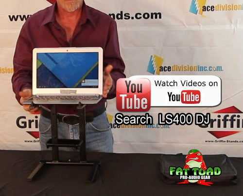 Load image into Gallery viewer, Folding DJ Laptop Stand with Sub-tray Shelf by FAT TOAD - Pro Audio Computer Table Top Rack Stand Mount for iPads, Mixer Controller &amp; Tablets PC Gear by GeekStands.com
