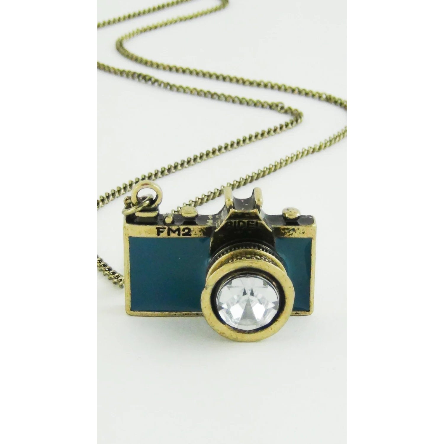 Vintage Camera Necklace in Teal | Antique Brass Long Chain | Gift Box by The Bullish Store