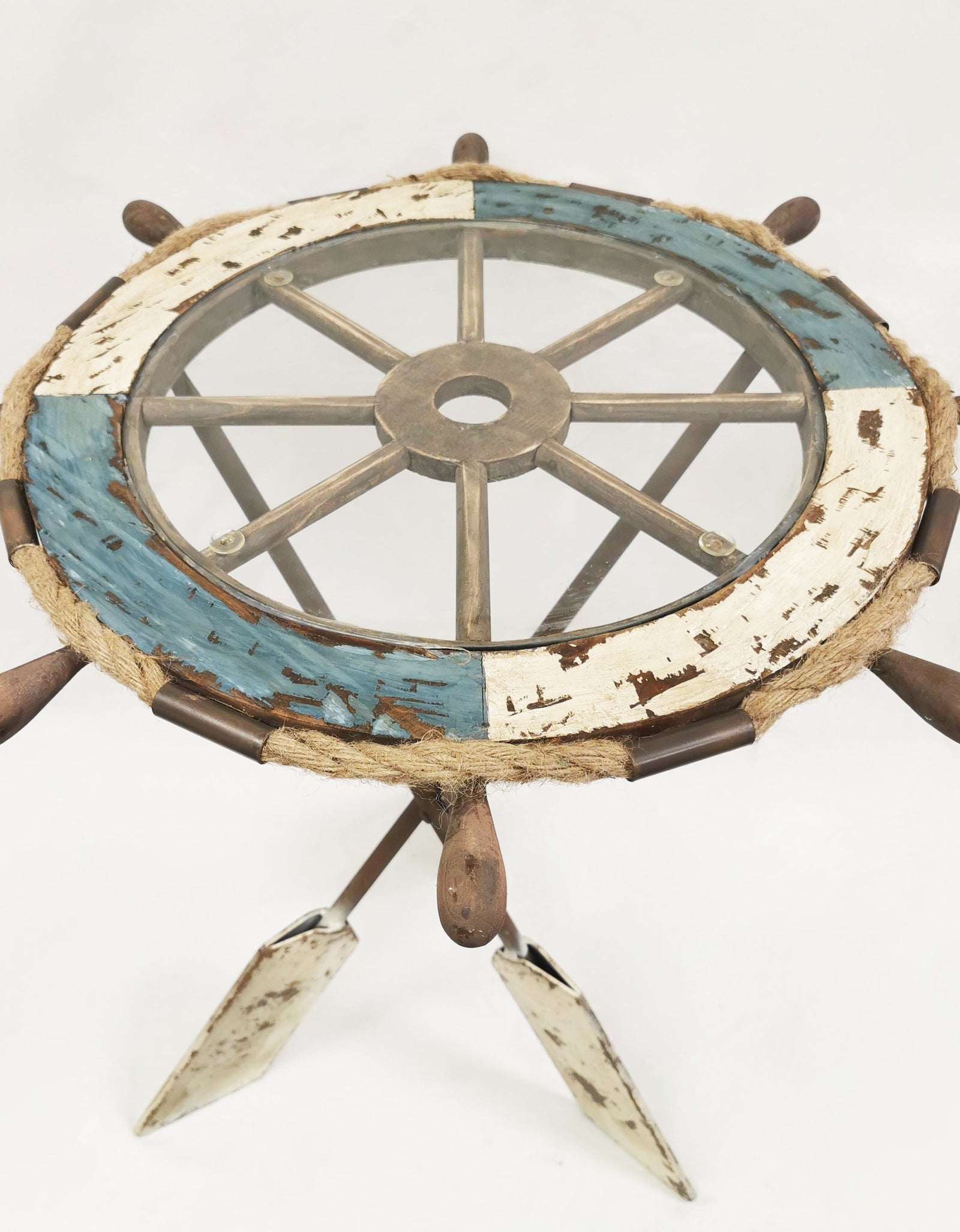 Wheel Table made of Wood, Glass & Metal Paddle Legs - Coastal Decor Coffee Table and End Table by Peterson Housewares & Artwares