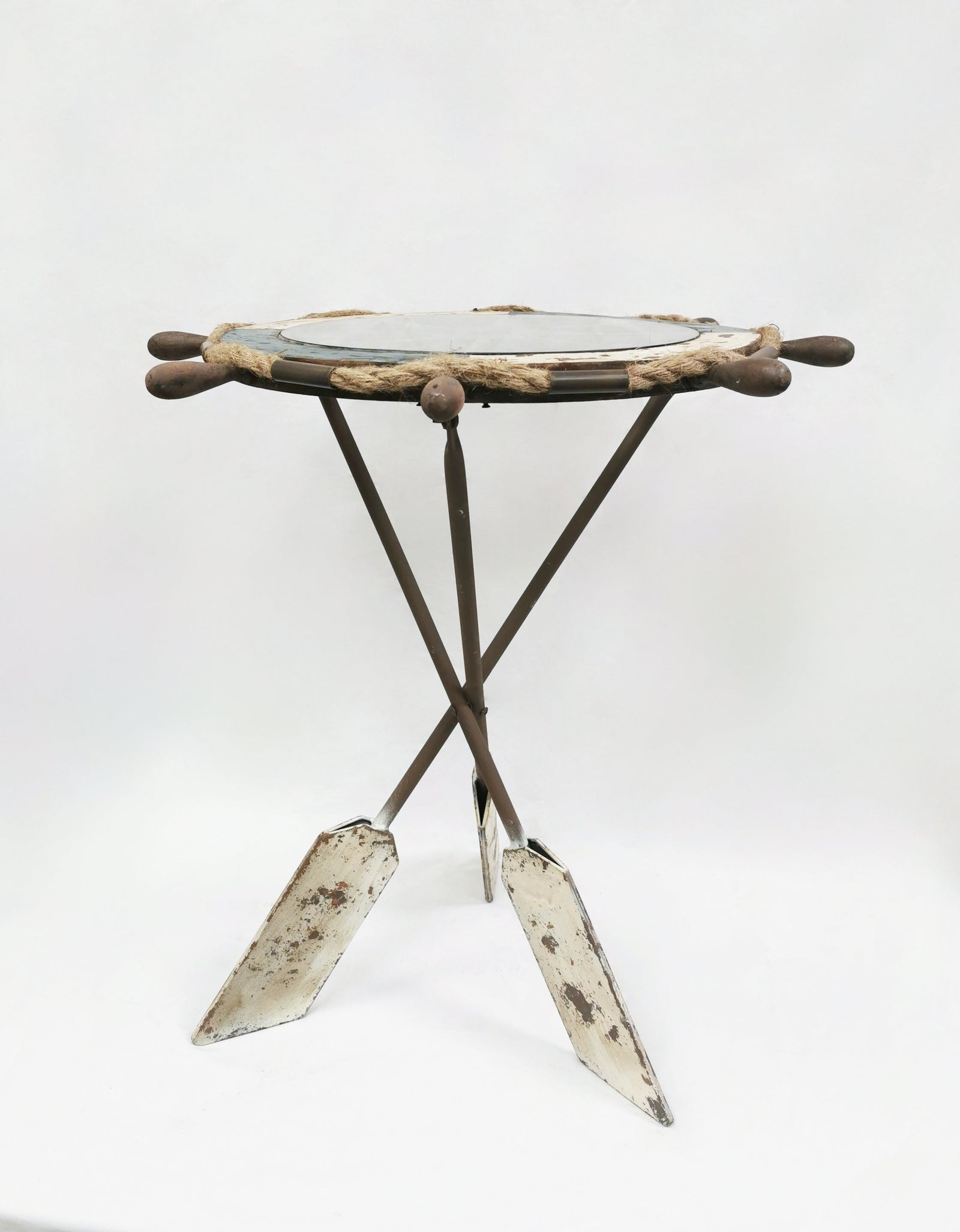 Wheel Table made of Wood, Glass & Metal Paddle Legs - Coastal Decor Coffee Table and End Table by Peterson Housewares & Artwares