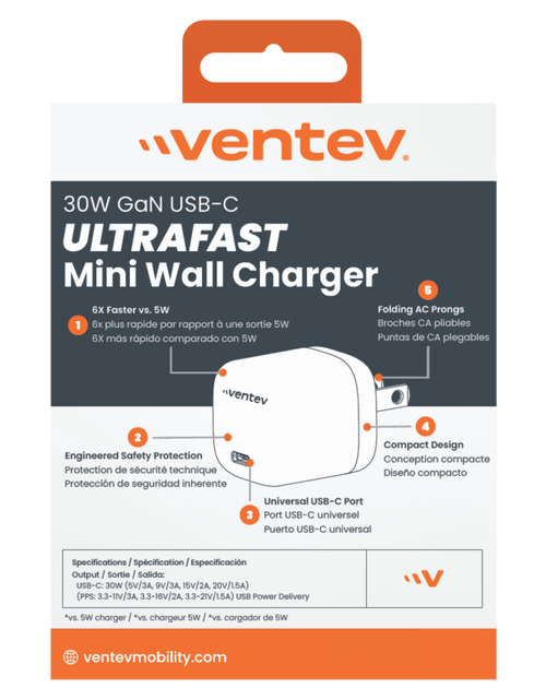 Load image into Gallery viewer, Ventev 30W PD PPS USB C GaN Mini Wall Charger Gray, White by Ventev

