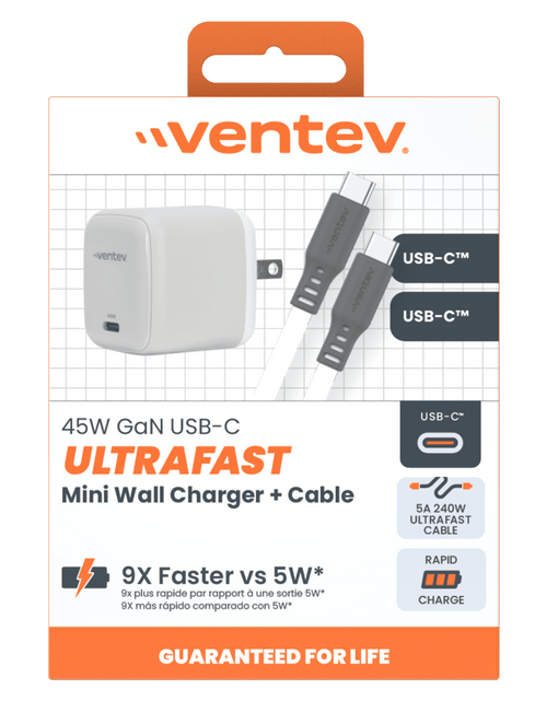 Load image into Gallery viewer, Ventev ULTRAFAST GaN Mini 45W Wall Charger and 5A USB C to USB C Cable by Ventev
