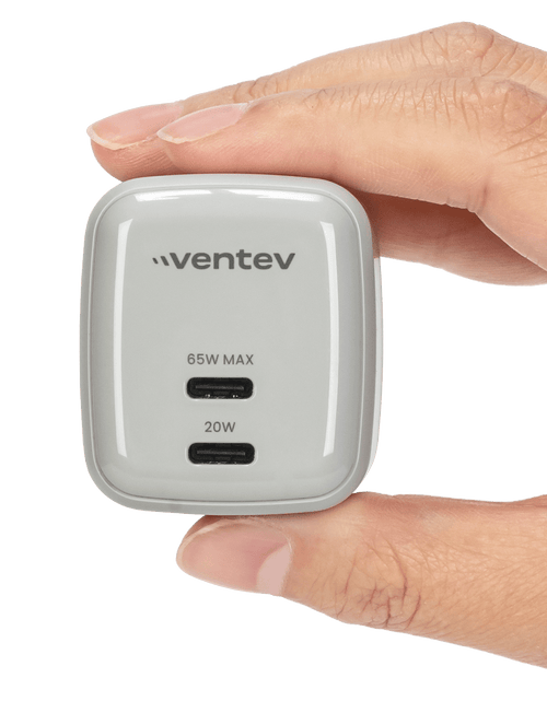 Load image into Gallery viewer, Ventev 65W ULTRAFAST USB C Universal Dual GaN Mini Wall Charger Gray, White by Ventev
