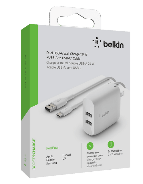 Load image into Gallery viewer, Belkin Dual Port USB A 24W Wall Charger with USB A to USB C Cable 3ft by Belkin

