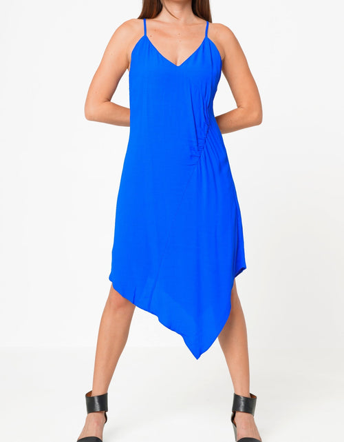 Load image into Gallery viewer, Solid Asymmetrical Hem V-neck Dress in Blue by Shop at Konus
