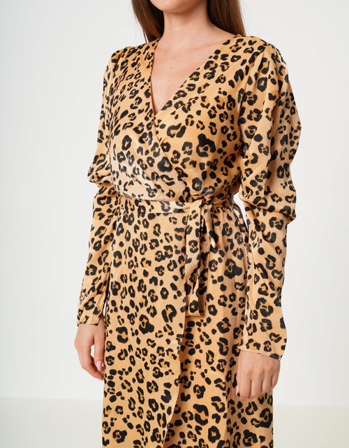 Load image into Gallery viewer, Women's Print Puffy Shoulder Dress in Brown Leopard by Shop at Konus
