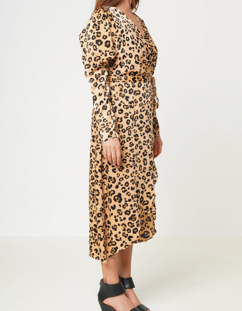 Load image into Gallery viewer, Women's Print Puffy Shoulder Dress in Brown Leopard by Shop at Konus
