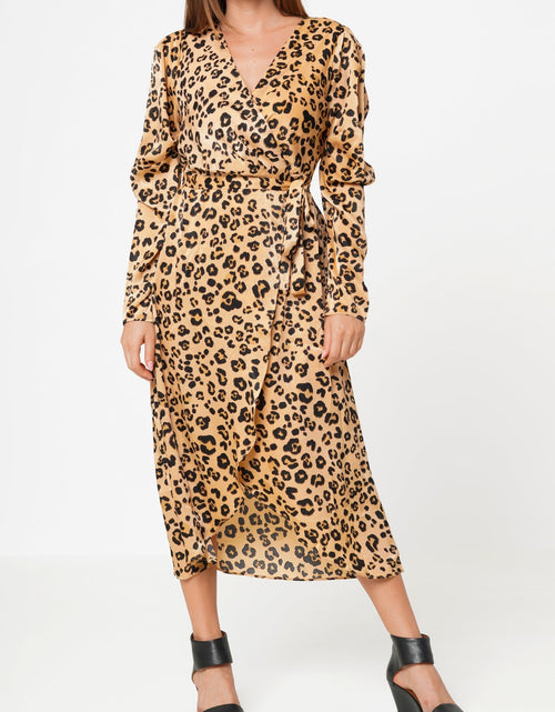 Load image into Gallery viewer, Women's Print Puffy Shoulder Dress in Brown Leopard by Shop at Konus
