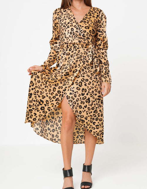 Load image into Gallery viewer, Women's Print Puffy Shoulder Dress in Brown Leopard by Shop at Konus
