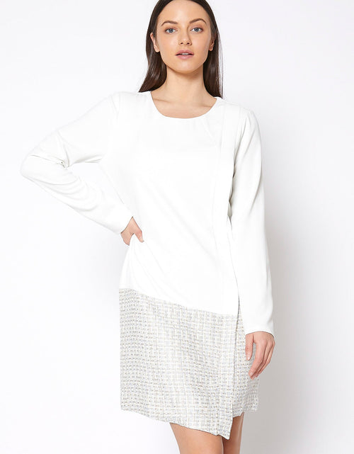 Load image into Gallery viewer, Tweed Hem Faux Wrap Dress In Ivory by Shop at Konus
