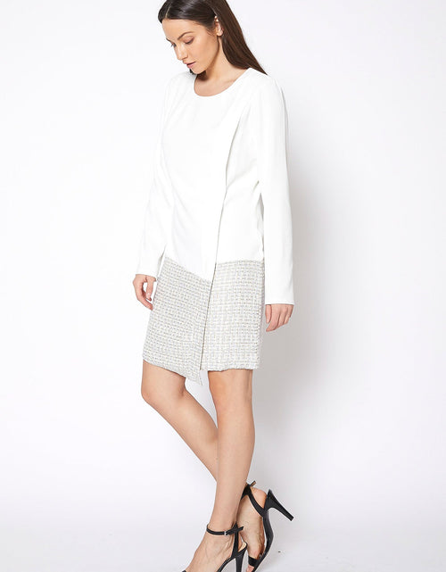 Load image into Gallery viewer, Tweed Hem Faux Wrap Dress In Ivory by Shop at Konus
