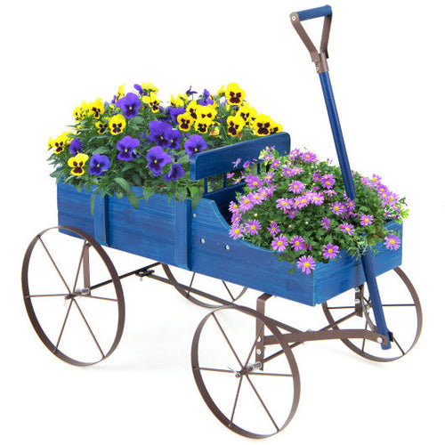 Load image into Gallery viewer, Wooden Wagon Plant Bed with Metal Wheels for Garden Yard Patio-Blue
