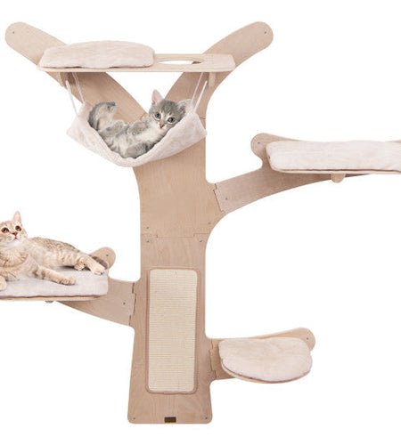 Wall-Mounted Cat Tower with Hammock Platforms and Sisal Scratching Mat-Natural
