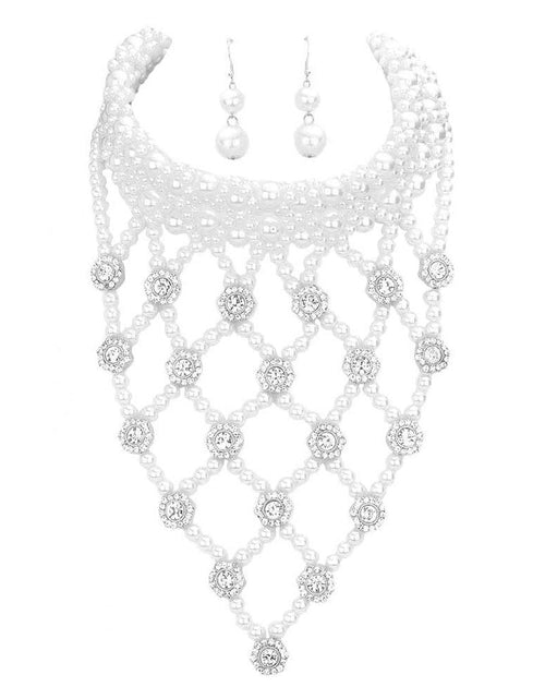 Load image into Gallery viewer, Flower Stone Embellished Pearl Statement Necklace by Madeline Love
