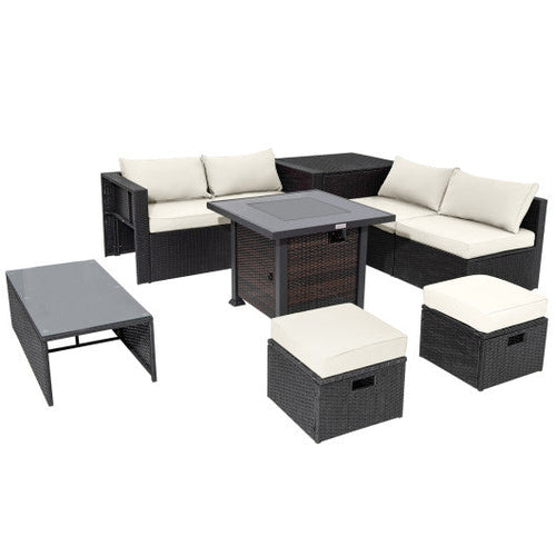 Load image into Gallery viewer, 9 Pieces Patio Furniture Set with 32” Fire Pit Table and 50000 BTU Square Propane Fire Pit-White
