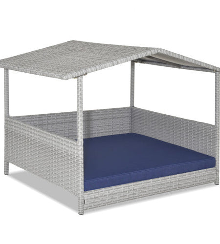 Wicker Dog House with Waterproof Roof and Washable Cushion Cover-Navy