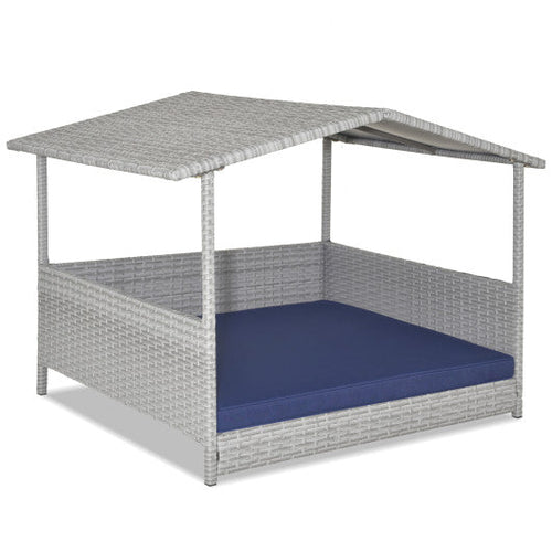 Load image into Gallery viewer, Wicker Dog House with Waterproof Roof and Washable Cushion Cover-Navy
