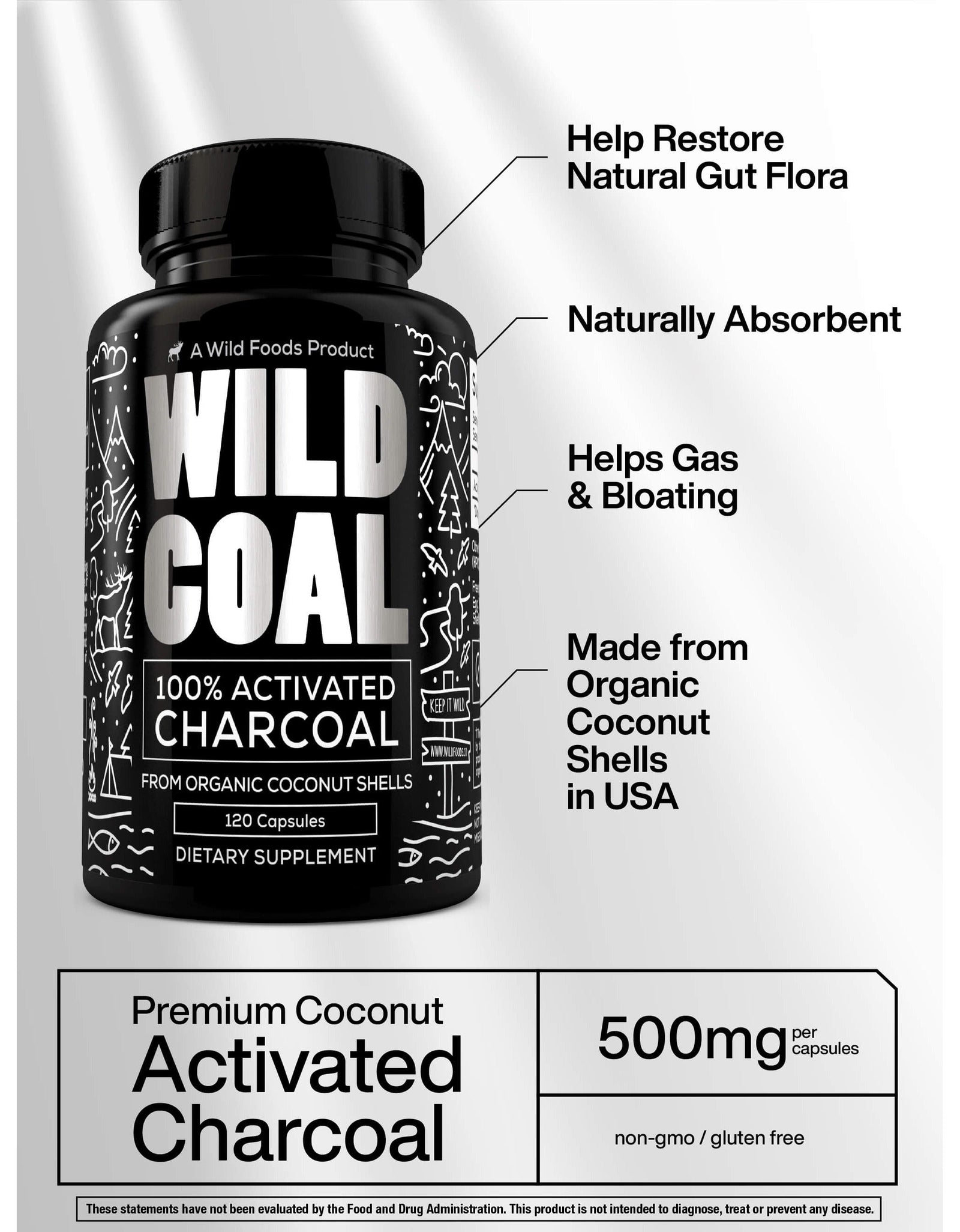 Activated Charcoal Capsules made from 100% Organic Coconuts, 120ct by Wild Foods