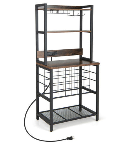 Wine Bar Cabinet Wine Rack with 4 Tier Storage Shelves and Glass Holders-Brown
