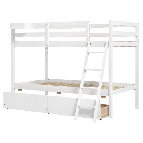 Load image into Gallery viewer, Twin Over Twin Bunk Bed Wood Bed Frame with 2 Storage Drawers and Ladder-White
