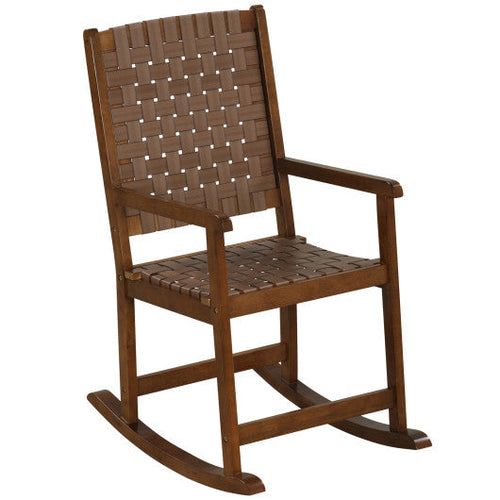 Load image into Gallery viewer, Patio Wood Rocking Chair with PU Seat and Rubber Wood Frame-Brown
