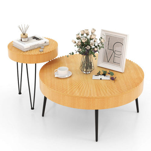 Load image into Gallery viewer, 2 Set of Wooden Coffee Table with Metal Legs and Adjustable Foot Pads-Radial Pattern

