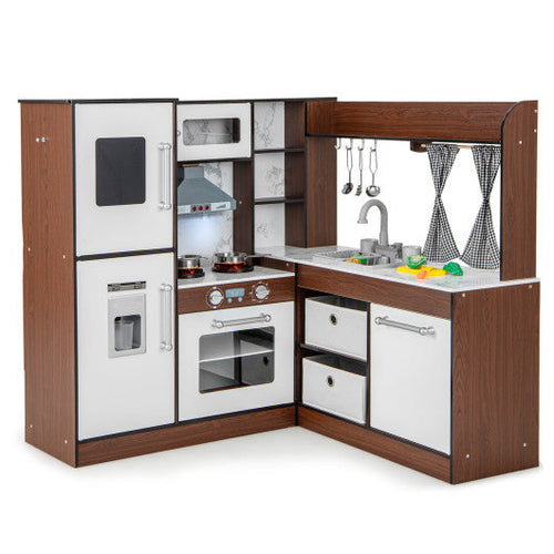 Load image into Gallery viewer, Wooden Corner Play Kitchen with Water Circulation System and Lights-Brown
