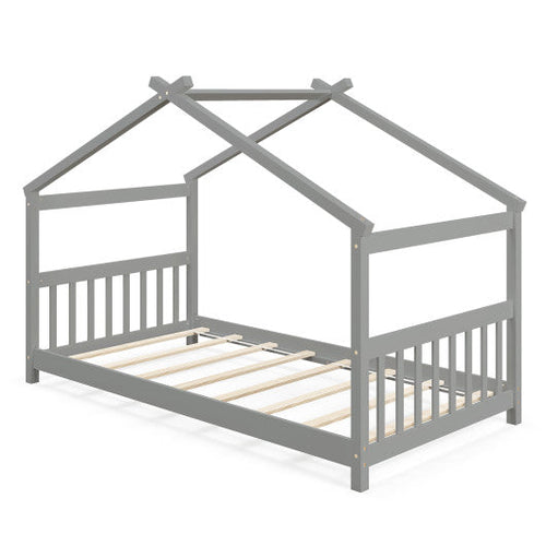 Load image into Gallery viewer, Twin Size Wooden House Bed with Roof-Gray
