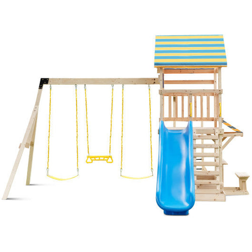 Load image into Gallery viewer, Wooden Swing Set with Large Upper Deck Slide and Steering Wheel
