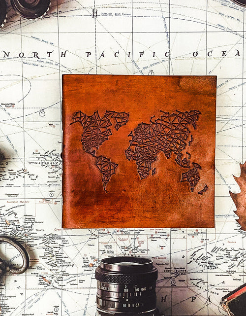 Load image into Gallery viewer, World Map 7x7 Artist Handmade Leather Journal by Soothi
