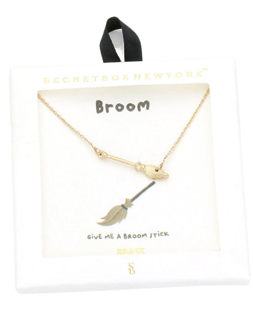 Load image into Gallery viewer, Secret Box Brass Metal Broom Pendant Necklace by Madeline Love
