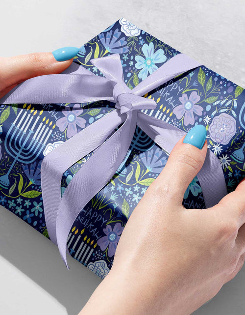 Load image into Gallery viewer, Floral Menorah Hanukkah Gift Wrap by Present Paper
