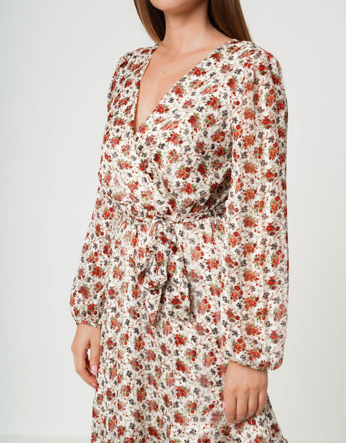 Load image into Gallery viewer, Floral Asymmetrical Ruffle Hem Wrap Dress In Victoria Garden by Shop at Konus

