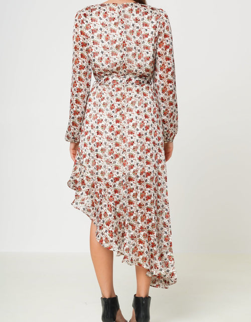 Load image into Gallery viewer, Floral Asymmetrical Ruffle Hem Wrap Dress In Victoria Garden by Shop at Konus

